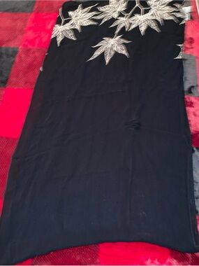 Chico's Black Scarf with Cream Leaf Embroidery